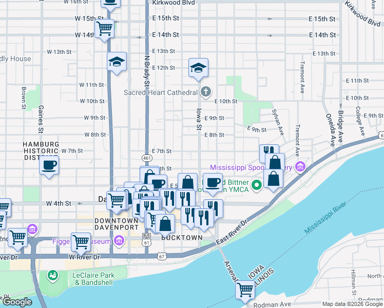 map of restaurants, bars, coffee shops, grocery stores, and more near 402 East 6th Street in Davenport