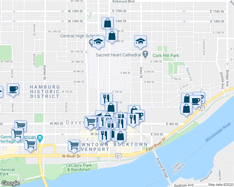 map of restaurants, bars, coffee shops, grocery stores, and more near 126 East 6th Street in Davenport