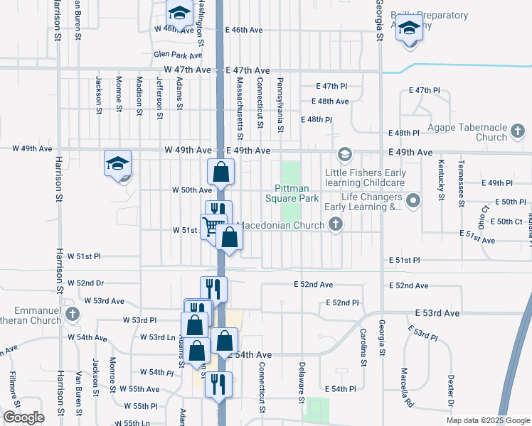 map of restaurants, bars, coffee shops, grocery stores, and more near 5053 Connecticut Street in Gary
