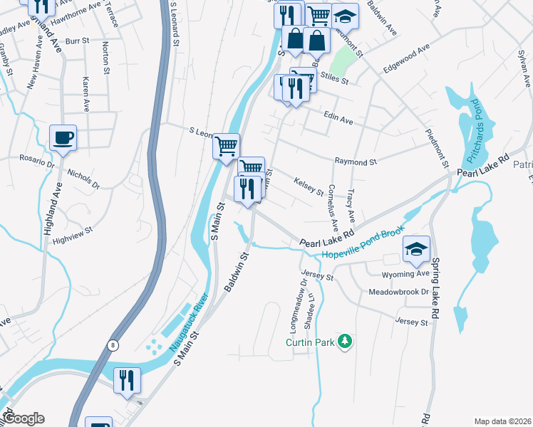 map of restaurants, bars, coffee shops, grocery stores, and more near 1997 Baldwin Street in Waterbury