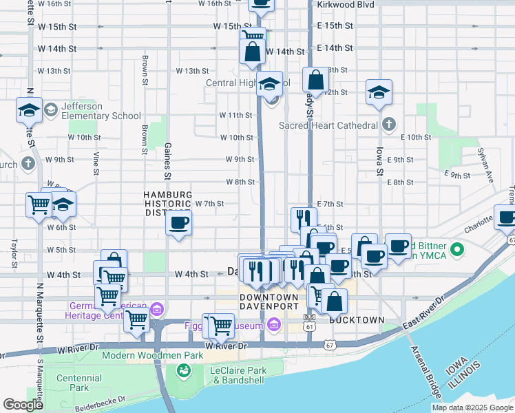 map of restaurants, bars, coffee shops, grocery stores, and more near 628 North Harrison Street in Davenport