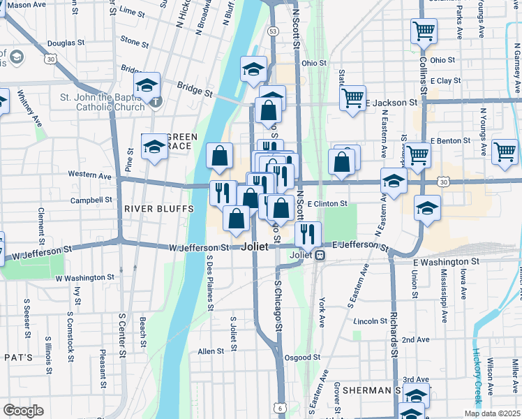 map of restaurants, bars, coffee shops, grocery stores, and more near 26 West Clinton Street in Joliet