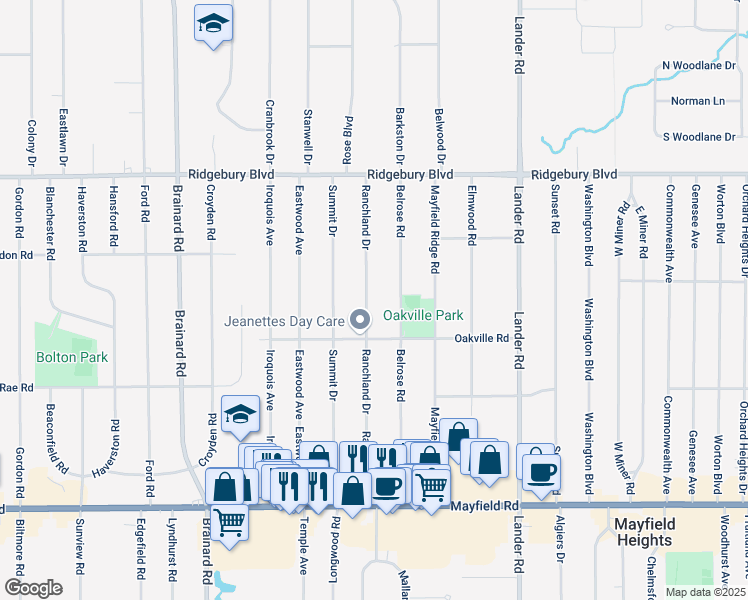 map of restaurants, bars, coffee shops, grocery stores, and more near 1271 Ranchland Drive in Mayfield Heights