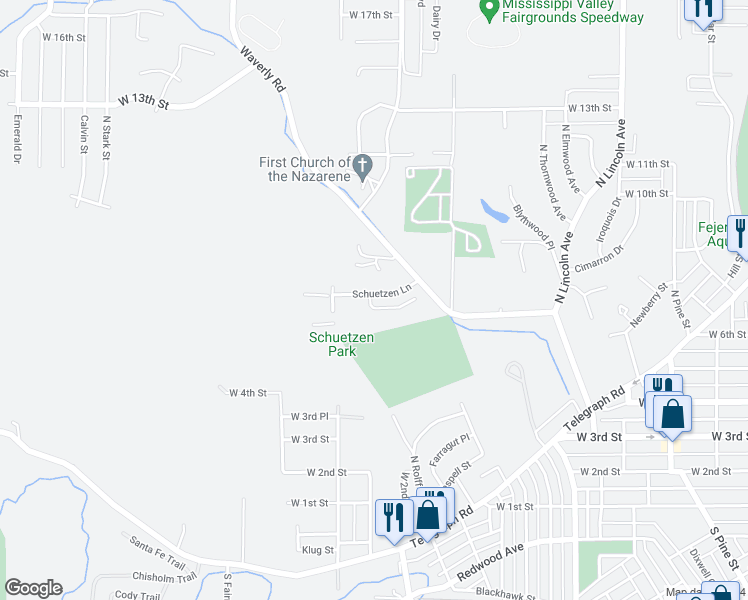 map of restaurants, bars, coffee shops, grocery stores, and more near 3223 Schuetzen Lane in Davenport