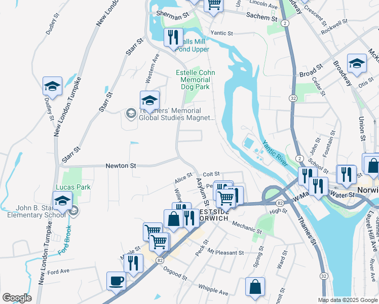 map of restaurants, bars, coffee shops, grocery stores, and more near 105 Asylum Street in Norwich