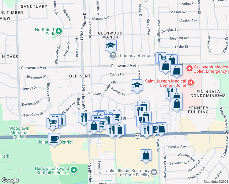 map of restaurants, bars, coffee shops, grocery stores, and more near 2608 Fairway Drive in Joliet