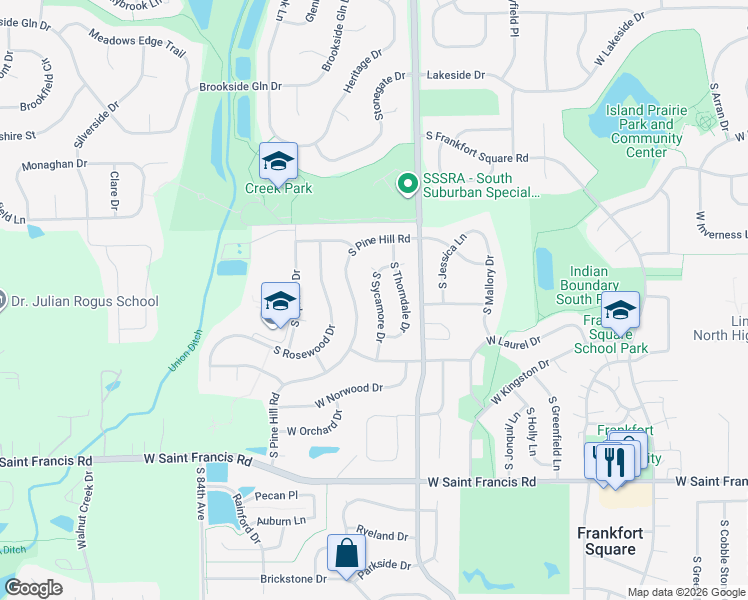 map of restaurants, bars, coffee shops, grocery stores, and more near 20020 South Sycamore Drive in Frankfort