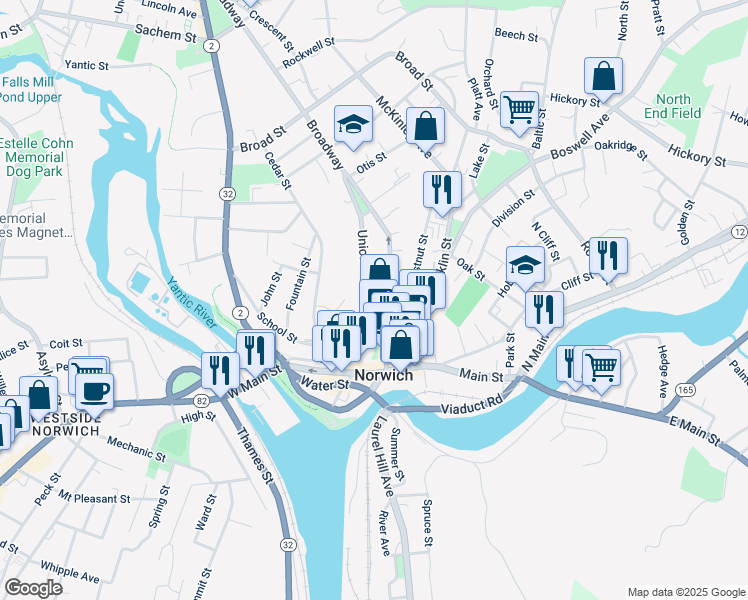 map of restaurants, bars, coffee shops, grocery stores, and more near 23 Union Street in Norwich