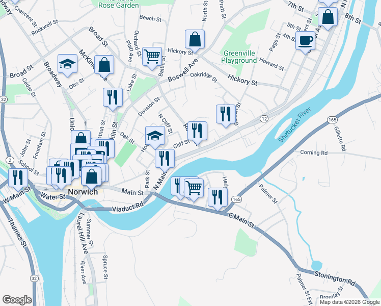 map of restaurants, bars, coffee shops, grocery stores, and more near 130 N Main St in Norwich