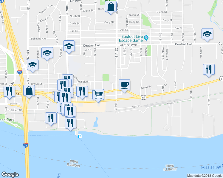 map of restaurants, bars, coffee shops, grocery stores, and more near 2234 Grant Street in Bettendorf