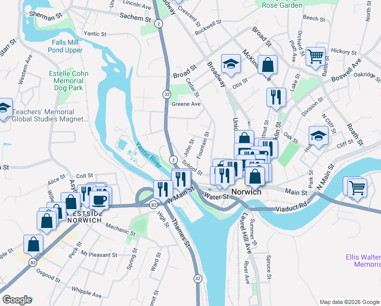 map of restaurants, bars, coffee shops, grocery stores, and more near 61 School Street in Norwich