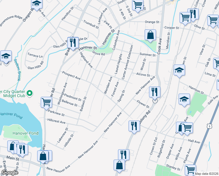 map of restaurants, bars, coffee shops, grocery stores, and more near 66 Meriden Avenue in Meriden