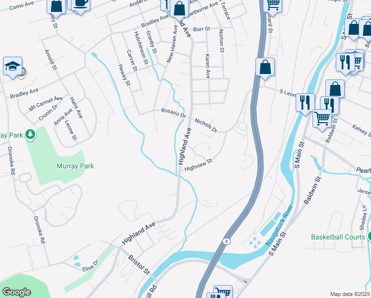map of restaurants, bars, coffee shops, grocery stores, and more near 148 Highview Street in Waterbury