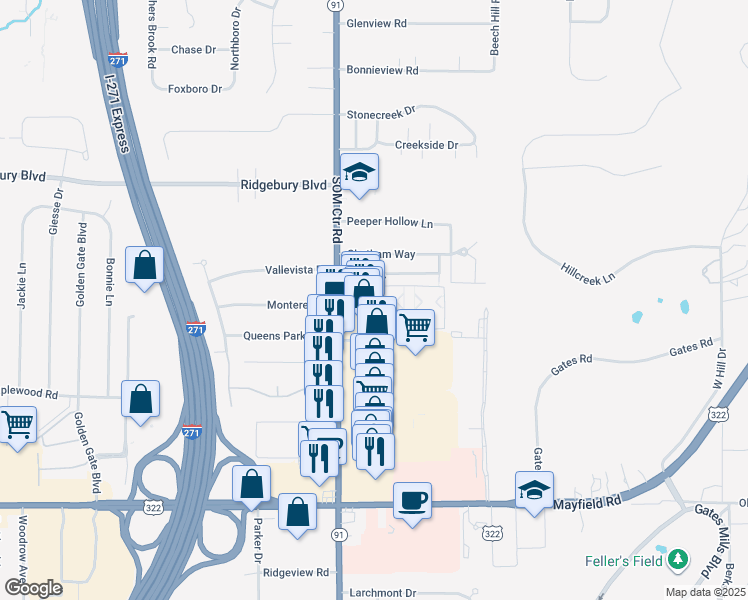 map of restaurants, bars, coffee shops, grocery stores, and more near 1223 Drury Court in Mayfield Heights