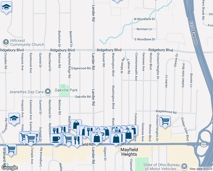 map of restaurants, bars, coffee shops, grocery stores, and more near 1266 Sunset Road in Mayfield Heights