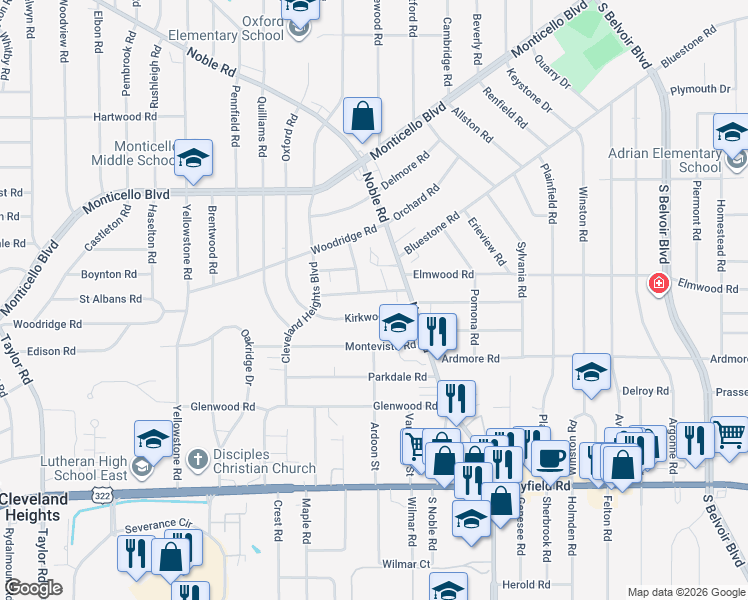 map of restaurants, bars, coffee shops, grocery stores, and more near 3856 Kirkwood Road in Cleveland Heights