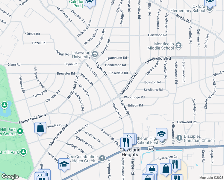 map of restaurants, bars, coffee shops, grocery stores, and more near 1152 Hereford Road in Cleveland Heights