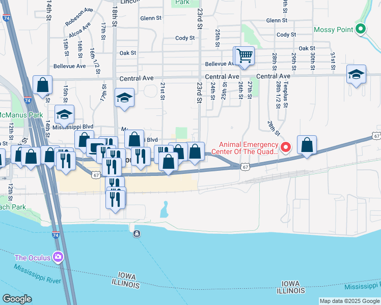 map of restaurants, bars, coffee shops, grocery stores, and more near 2226 State Street in Bettendorf