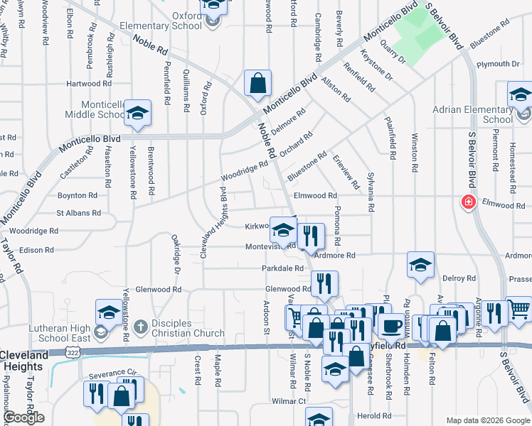 map of restaurants, bars, coffee shops, grocery stores, and more near 3856 Kirkwood Road in Cleveland Heights
