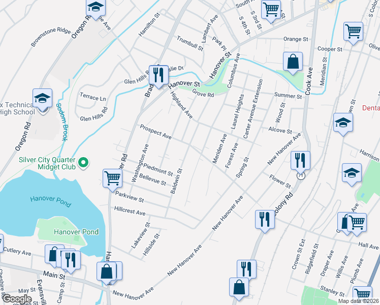 map of restaurants, bars, coffee shops, grocery stores, and more near 116 Prospect Avenue in Meriden