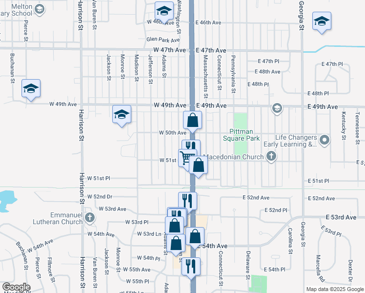 map of restaurants, bars, coffee shops, grocery stores, and more near 5000 Washington Street in Gary