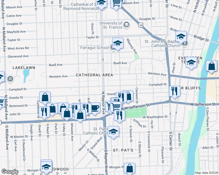 map of restaurants, bars, coffee shops, grocery stores, and more near 718 Campbell Street in Joliet