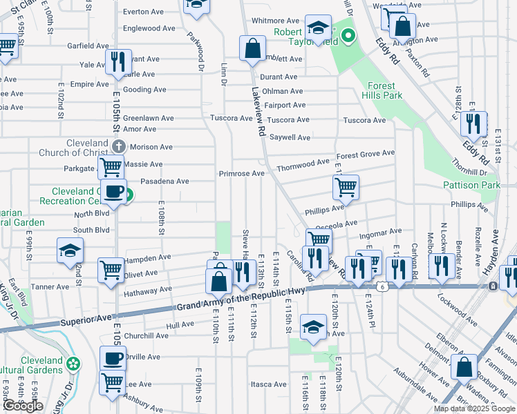 map of restaurants, bars, coffee shops, grocery stores, and more near 1140 East 113th Street in Cleveland