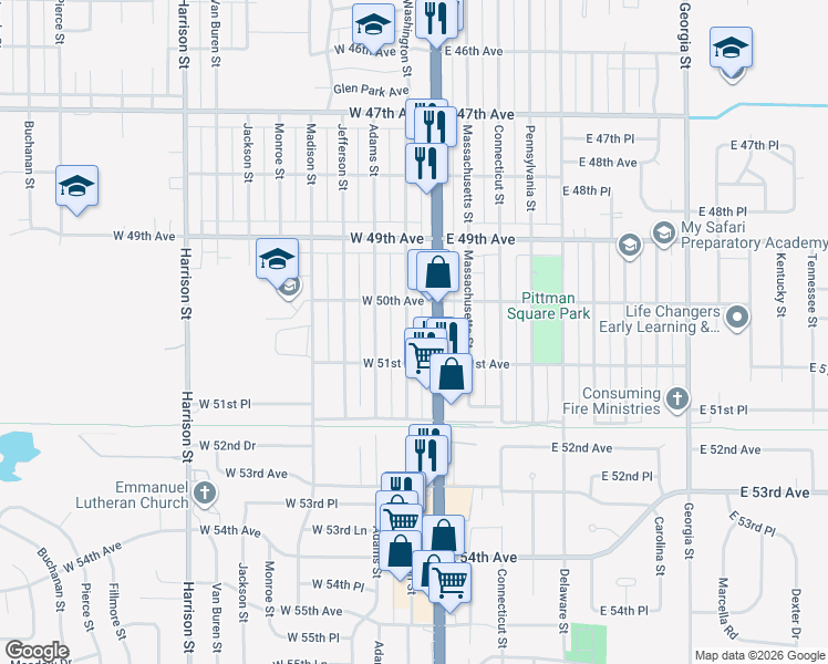 map of restaurants, bars, coffee shops, grocery stores, and more near 5043 Washington Street in Gary