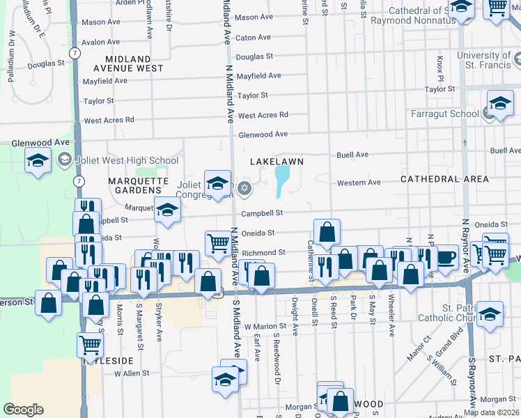 map of restaurants, bars, coffee shops, grocery stores, and more near 1305 Campbell Street in Joliet