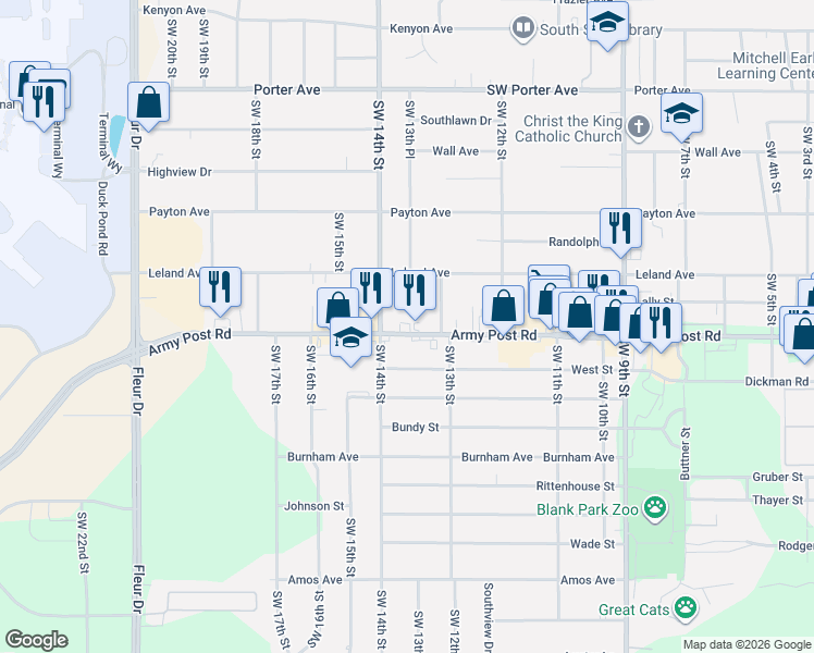 map of restaurants, bars, coffee shops, grocery stores, and more near 1325 Army Post Road in Des Moines