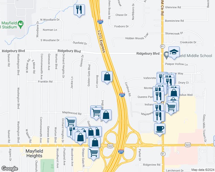 map of restaurants, bars, coffee shops, grocery stores, and more near 1401 Golden Gate Boulevard in Mayfield Heights