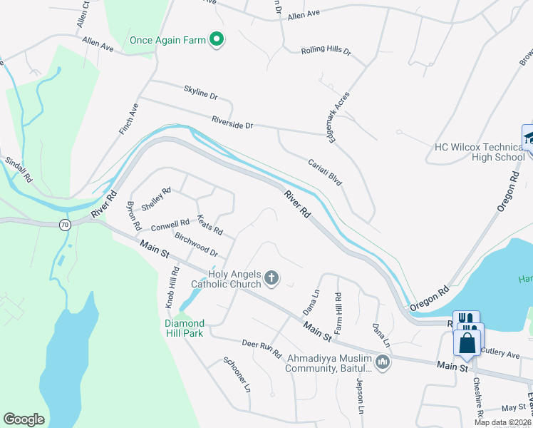 map of restaurants, bars, coffee shops, grocery stores, and more near 132 Stevenson Road in Meriden