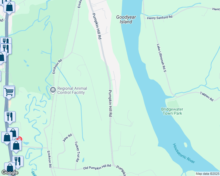 map of restaurants, bars, coffee shops, grocery stores, and more near Pumpkin Hill Road in New Milford