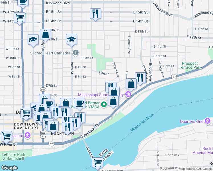 map of restaurants, bars, coffee shops, grocery stores, and more near 611 Grand Avenue in Davenport