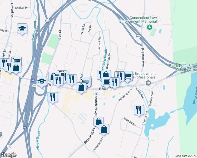 map of restaurants, bars, coffee shops, grocery stores, and more near 180 Wayne Lane in Meriden
