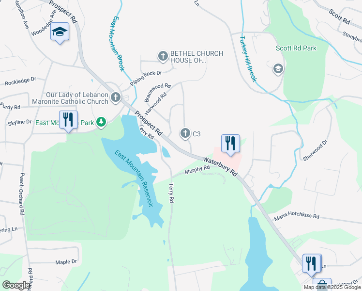 map of restaurants, bars, coffee shops, grocery stores, and more near 18 Glen Rock Road in Waterbury