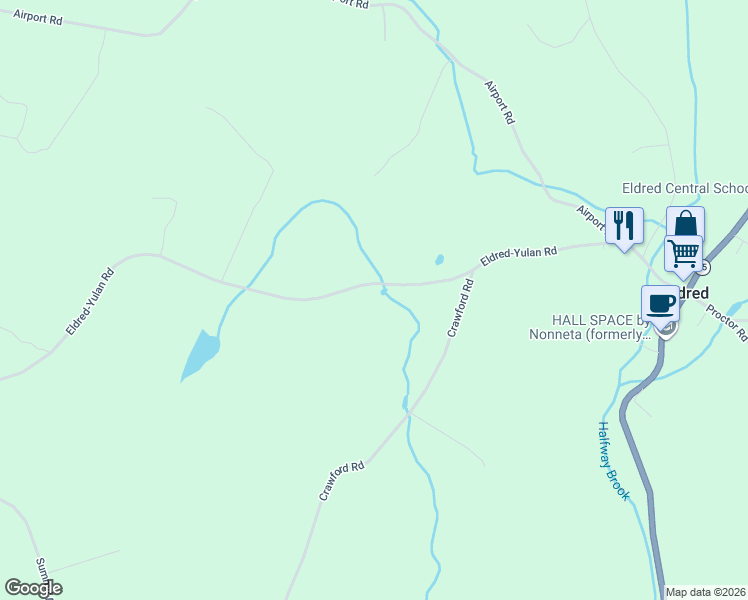 map of restaurants, bars, coffee shops, grocery stores, and more near 65 Eldred-Yulan Road in Eldred