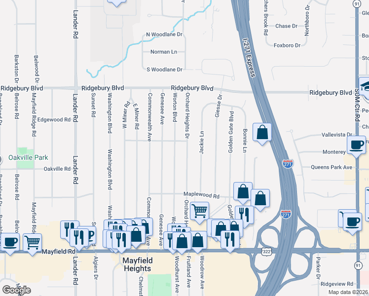 map of restaurants, bars, coffee shops, grocery stores, and more near 1211 Worton Boulevard in Mayfield Heights