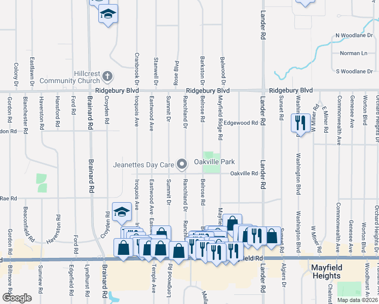 map of restaurants, bars, coffee shops, grocery stores, and more near 1199 Ranchland Drive in Mayfield Heights