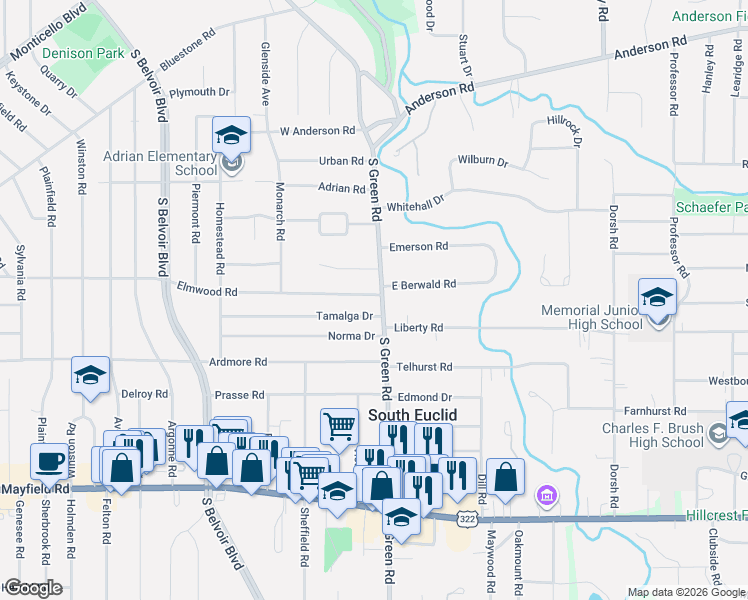 map of restaurants, bars, coffee shops, grocery stores, and more near 4434 Lucille Avenue in South Euclid