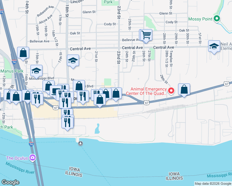 map of restaurants, bars, coffee shops, grocery stores, and more near 2234 Mississippi Boulevard in Bettendorf