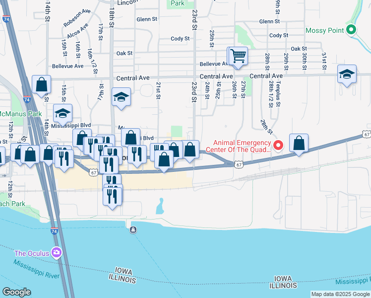 map of restaurants, bars, coffee shops, grocery stores, and more near 2234 Mississippi Boulevard in Bettendorf