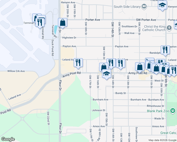map of restaurants, bars, coffee shops, grocery stores, and more near 1801 Army Post Road in Des Moines