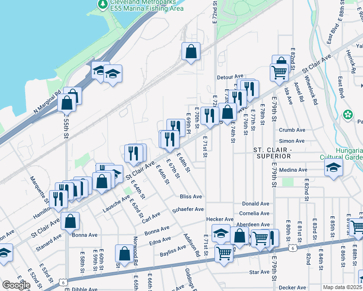 map of restaurants, bars, coffee shops, grocery stores, and more near East 69th Street in Cleveland