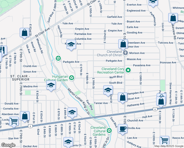 map of restaurants, bars, coffee shops, grocery stores, and more near 1104 East 99th Street in Cleveland