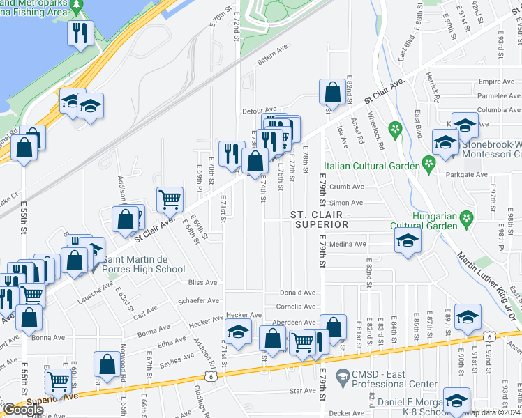 map of restaurants, bars, coffee shops, grocery stores, and more near 1030 East 74th Street in Cleveland