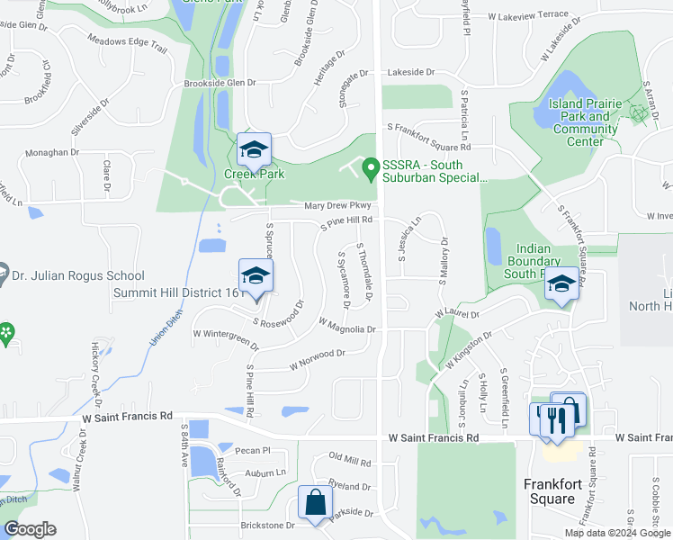 map of restaurants, bars, coffee shops, grocery stores, and more near 20012 South Sycamore Drive in Frankfort