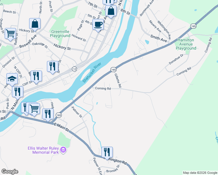 map of restaurants, bars, coffee shops, grocery stores, and more near 68 Corning Road in Norwich