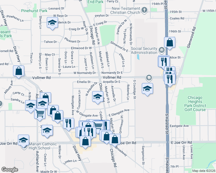 map of restaurants, bars, coffee shops, grocery stores, and more near 11 Arquilla Drive East in Chicago Heights