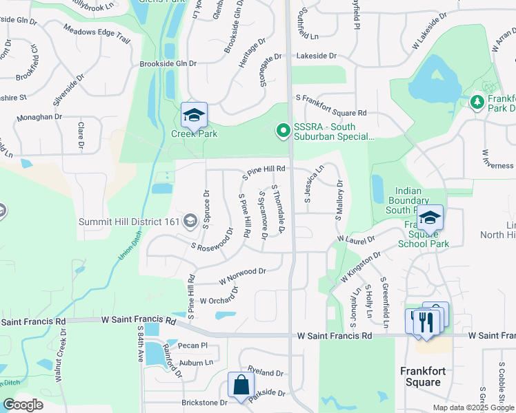 map of restaurants, bars, coffee shops, grocery stores, and more near 20012 South Sycamore Drive in Frankfort